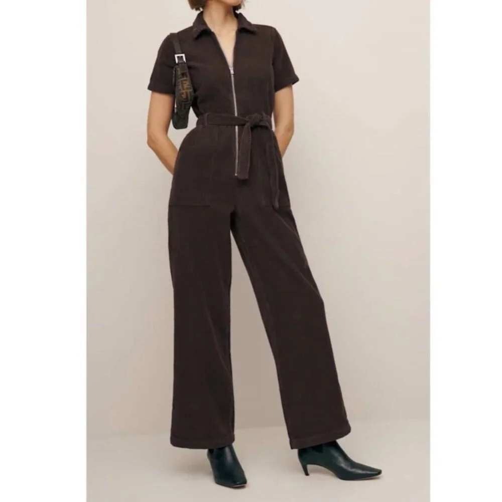 Reformation Cassidy Corduroy Jumpsuit 6 Espresso Brown Wide Leg Belted Retro